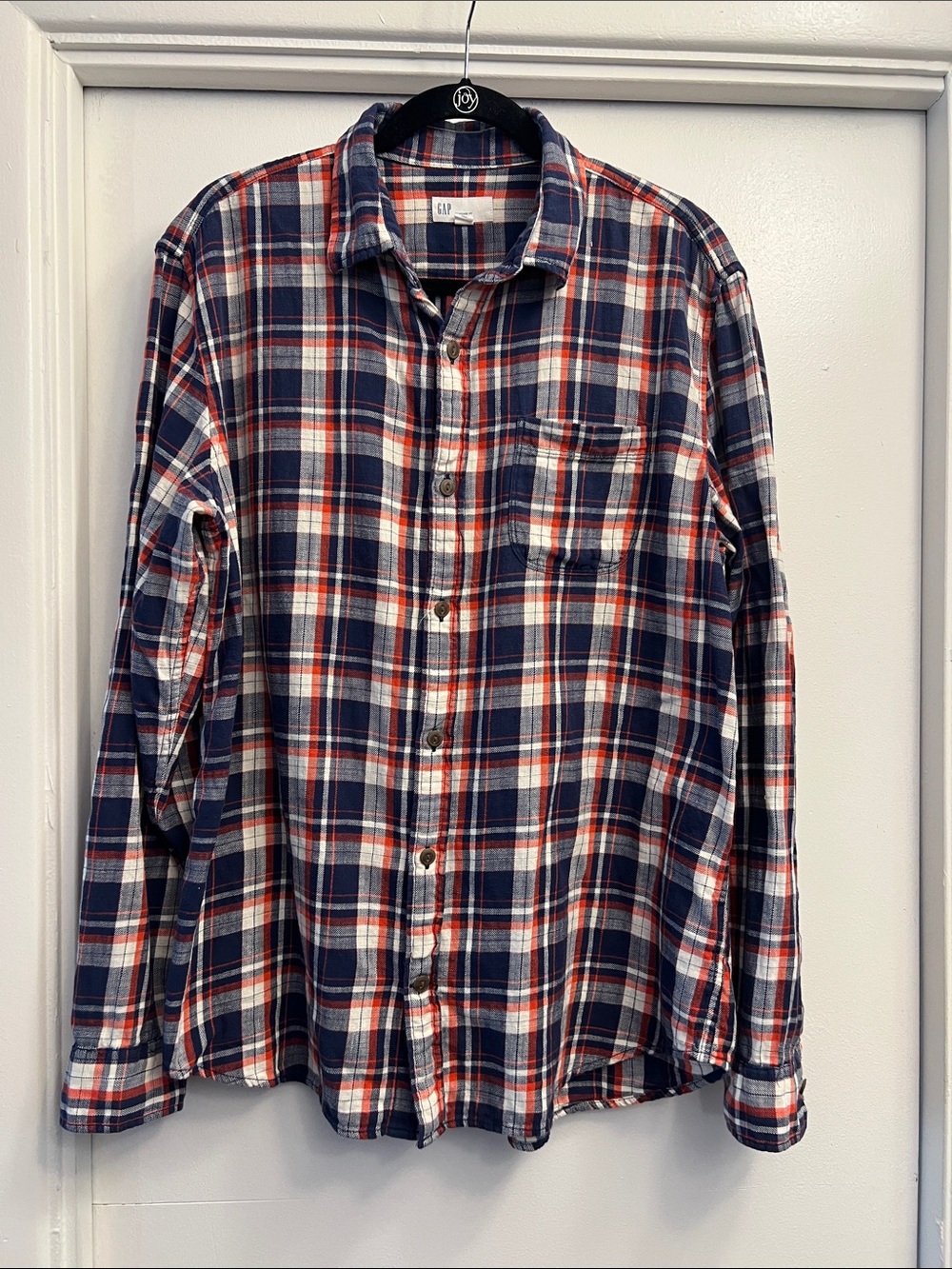 GAP Men's Navy, Red & White Plaid Button-Down Shirt Size Large